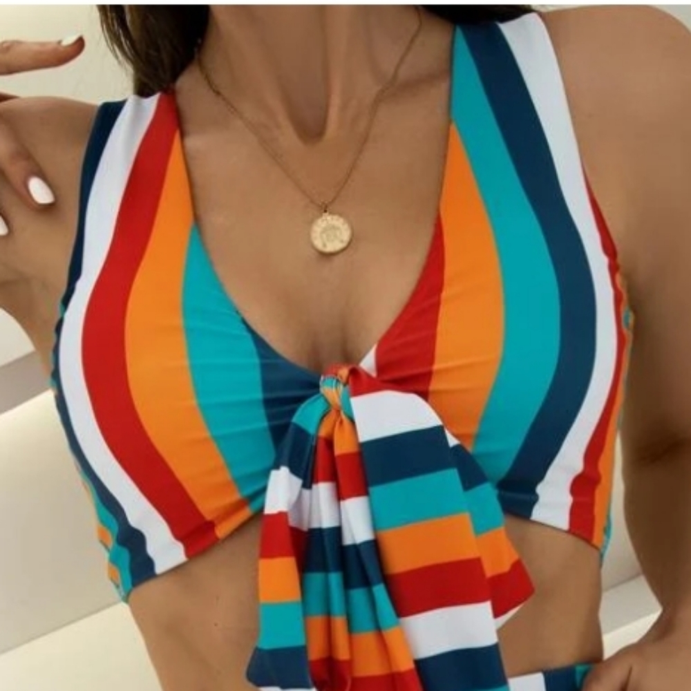 Striped Knot Front Bikini Swimsuit XL